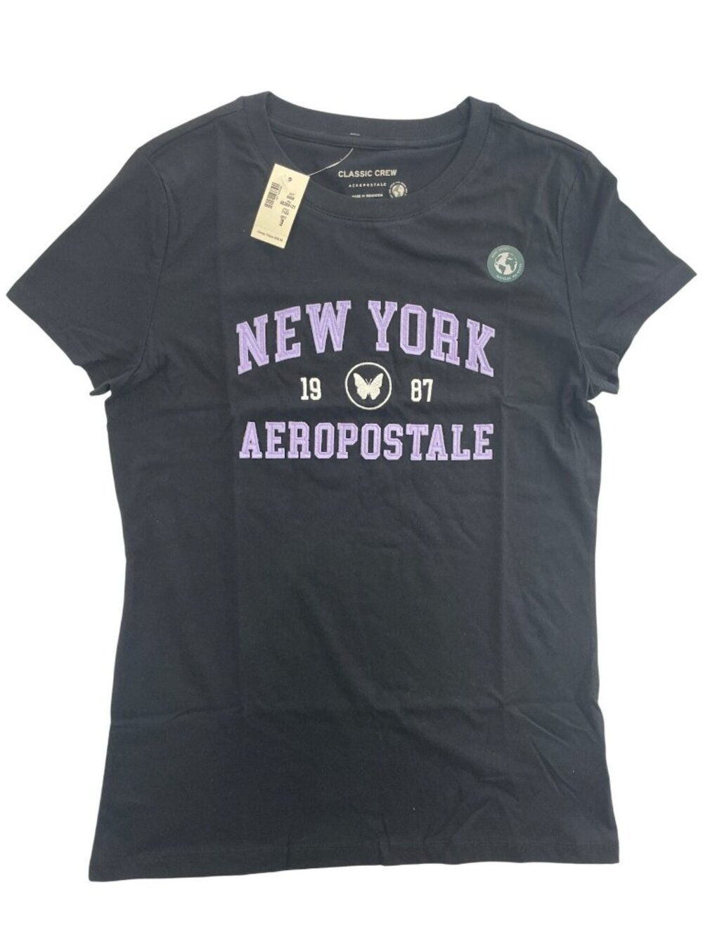 Aeropostale New York 1987 Butterfly Classic Crew T-Shirt Black Women's Sz L NWT